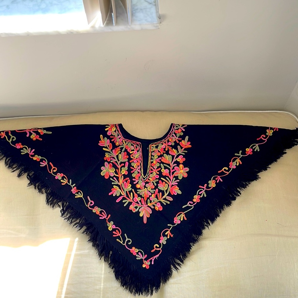 Black Poncho fully lined with Aari Embroidery , handmade Kashmir